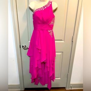 JJs House - Pink one shoulder asymmetric dress w rhinestones